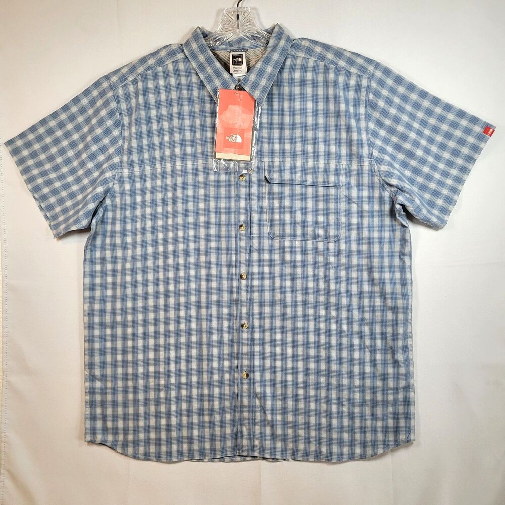 NWT The North Face Shirt Men's XXL Qilian Blue Check Outdoor Camp Short Sleeve